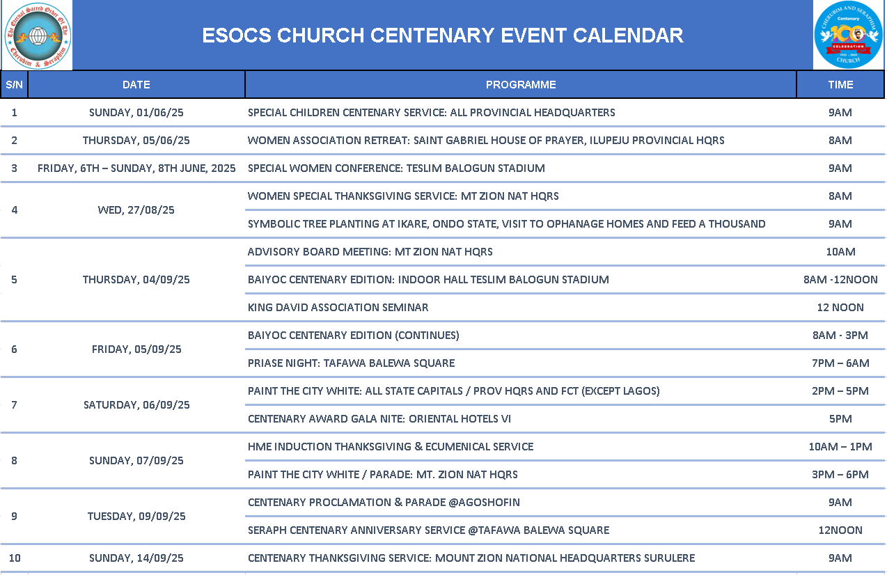 Centenary Event Calendar